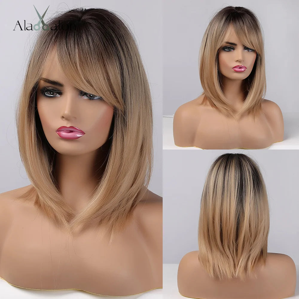 ALAN EATON Layered Synthetic Wigs with Bangs Straight Short Highlights Blonde Hair Wig with for Women Natural Daily Cosplay Wigs