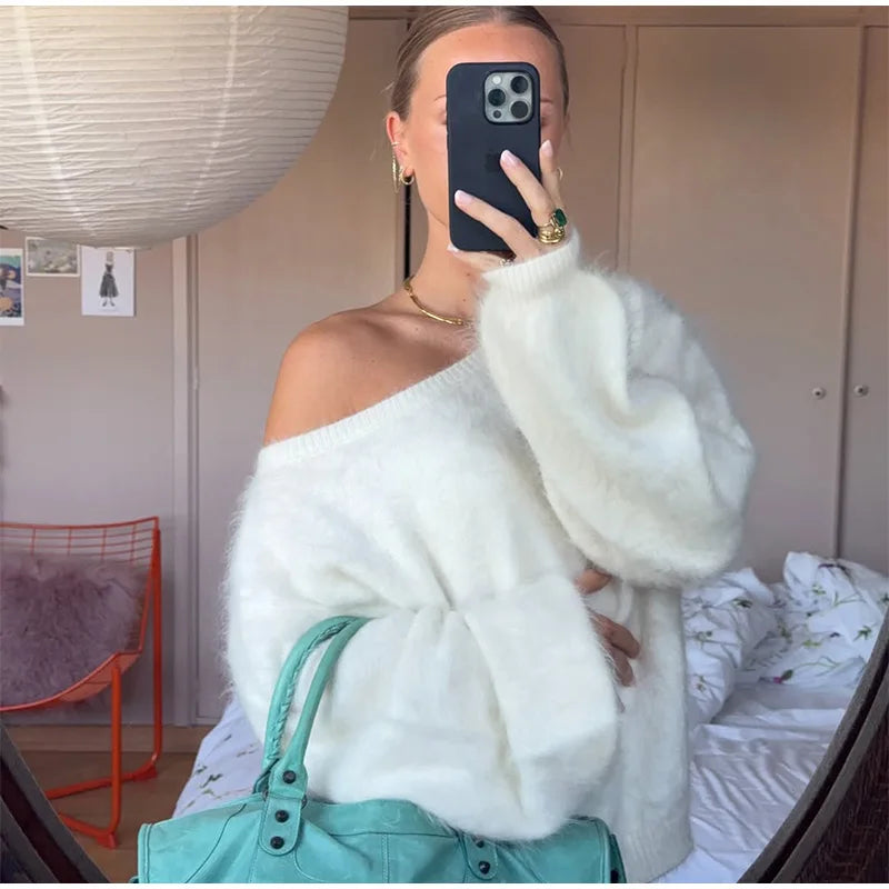 Women Solid Off Shoulder Pullover Fashion Classic Full Sleeve Loose Knitted Mohair Knitwear Lady High Street Autumn Sweaters