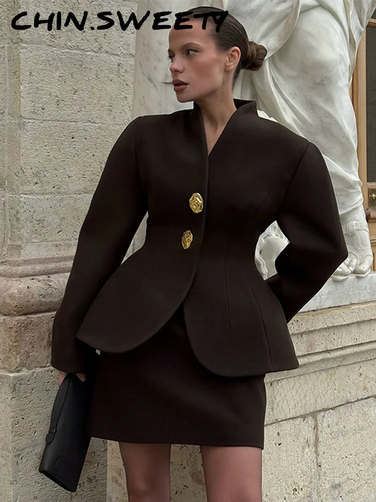 Chic Waist-cinched Blazer Skirt Women Set Elegant Long Sleeve Single Breasted Coat Hip Package Skirts Spring Lady 2 Pieces Sets
