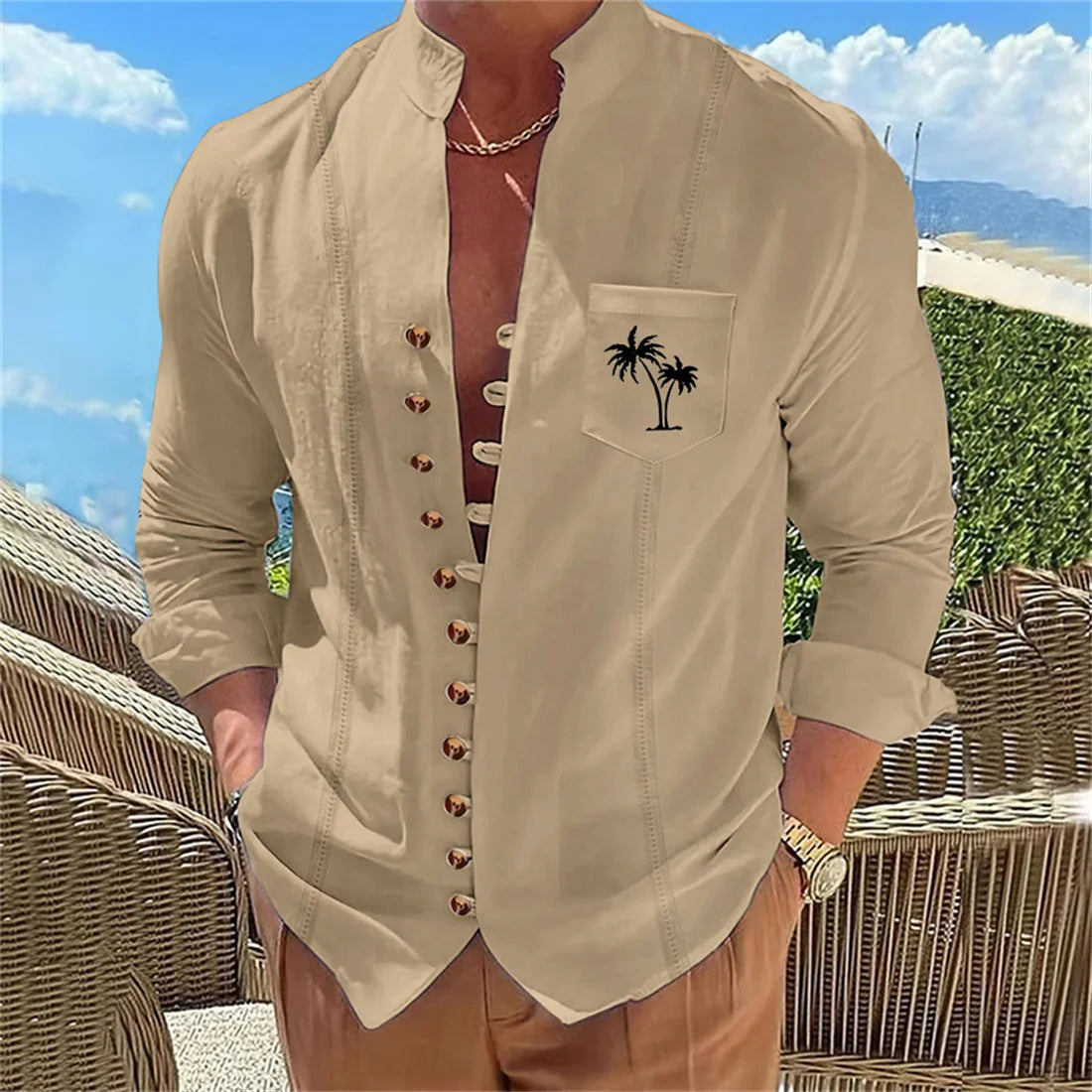 Men's long sleeved casual solid color coconut tree print shirt casual cardigan 11 button long sleeved top