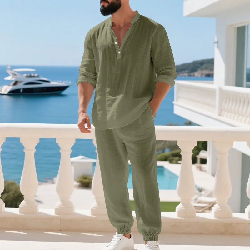 American loose linen set for men autumn Hawaiian home commuter thin Henry shirt long sleeve pants set