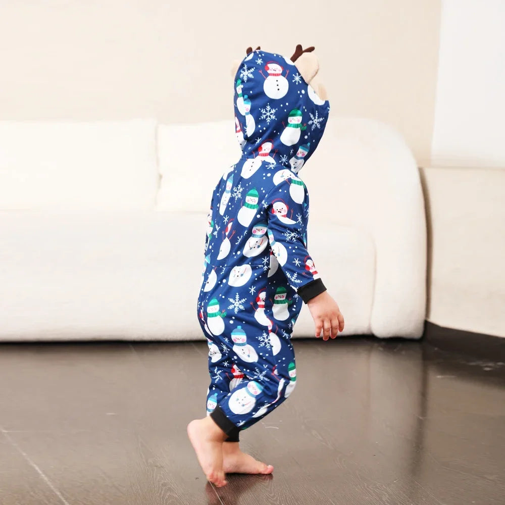 Christmas Gift Mother Father Kids Matching Outfits Cute Deer Ear Hooded Romper Overall Soft Loose One-Piece Pajamas Family Look