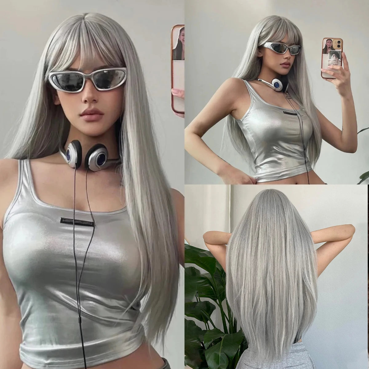 LOUIS FERRE Black Pink Ombre Synthetic Wigs for Cosplay Long Straight Layered Wigs with Bangs for Women Heat Resistant Fake Hair