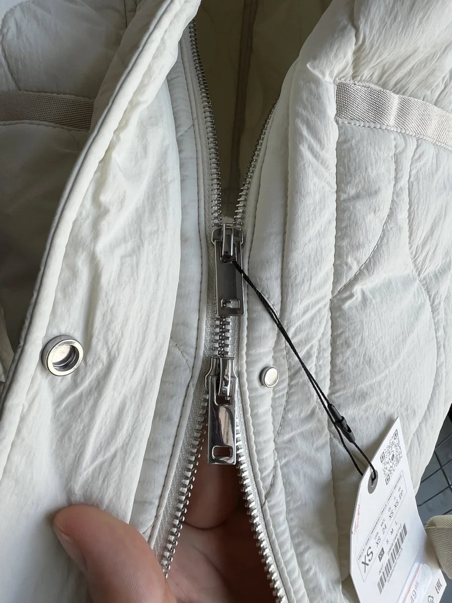 Quilted coat for women ETJ 2025 QUILTED JACKET WITH TIES new beige drawstring high neck pocket clip cotton jacket for women