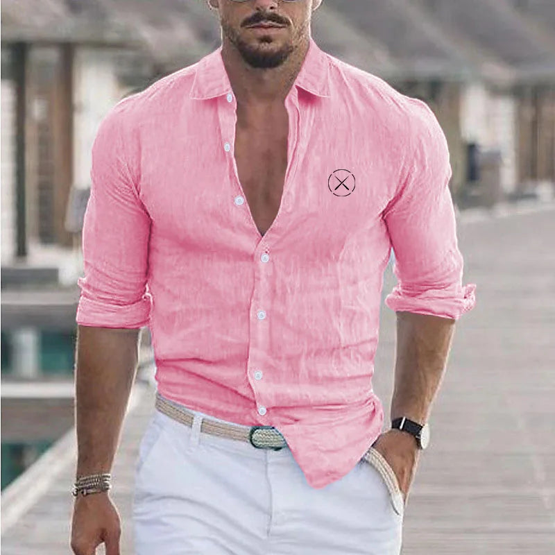 New Men's Summer Cotton And Linen Lapel Beach Shirt Long Sleeve Solid Color Hawaiian Holiday Wear X Patterned Shirt