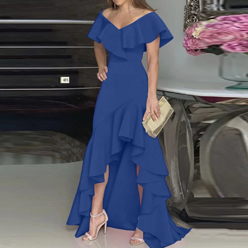 Fashion Evening Dresses Sexy V-Neck Elegant Party Irregular Solid Color Hem Ruffle Women Maxi Dress Short Sleeve Floor Length