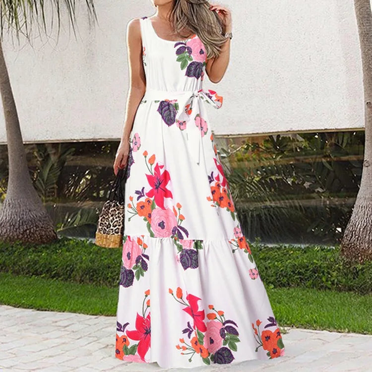 Summer Flower Print Sleeveless Long Dresses Women Elegant Casual Vacation Style Dress O Neck High Waist Leace-up Maxi Vestidos
