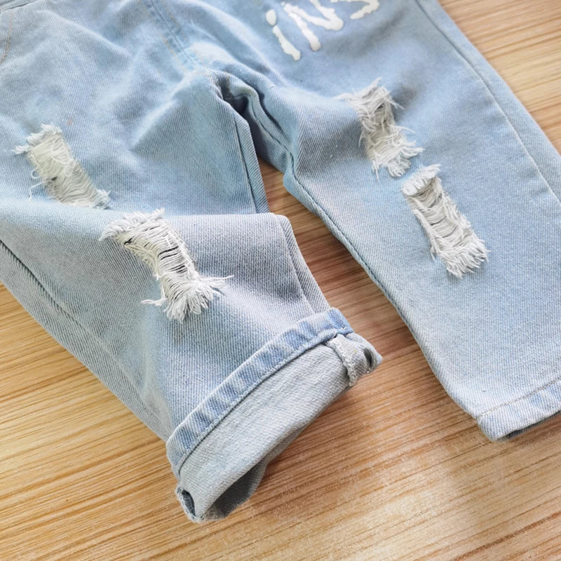 IENENS Baby Dungarees Girls Overalls Hole Wash Jeans Rainbow Print Trousers Denim Jumpsuit Toddler Infant Long Pants 0-4 Years