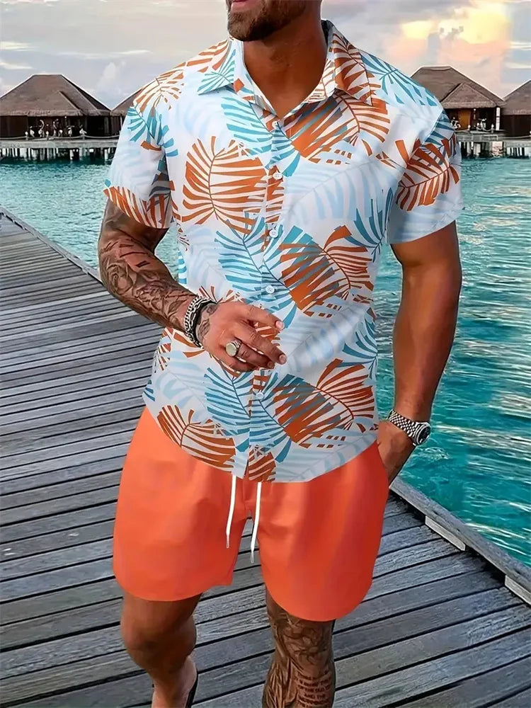 Men's Hawaii Shirt Set Men's 3D Printed Short Sleeve Shirt Shorts Two Piece Summer Beach Lapel Shirt Set Unisex Casual Clothing