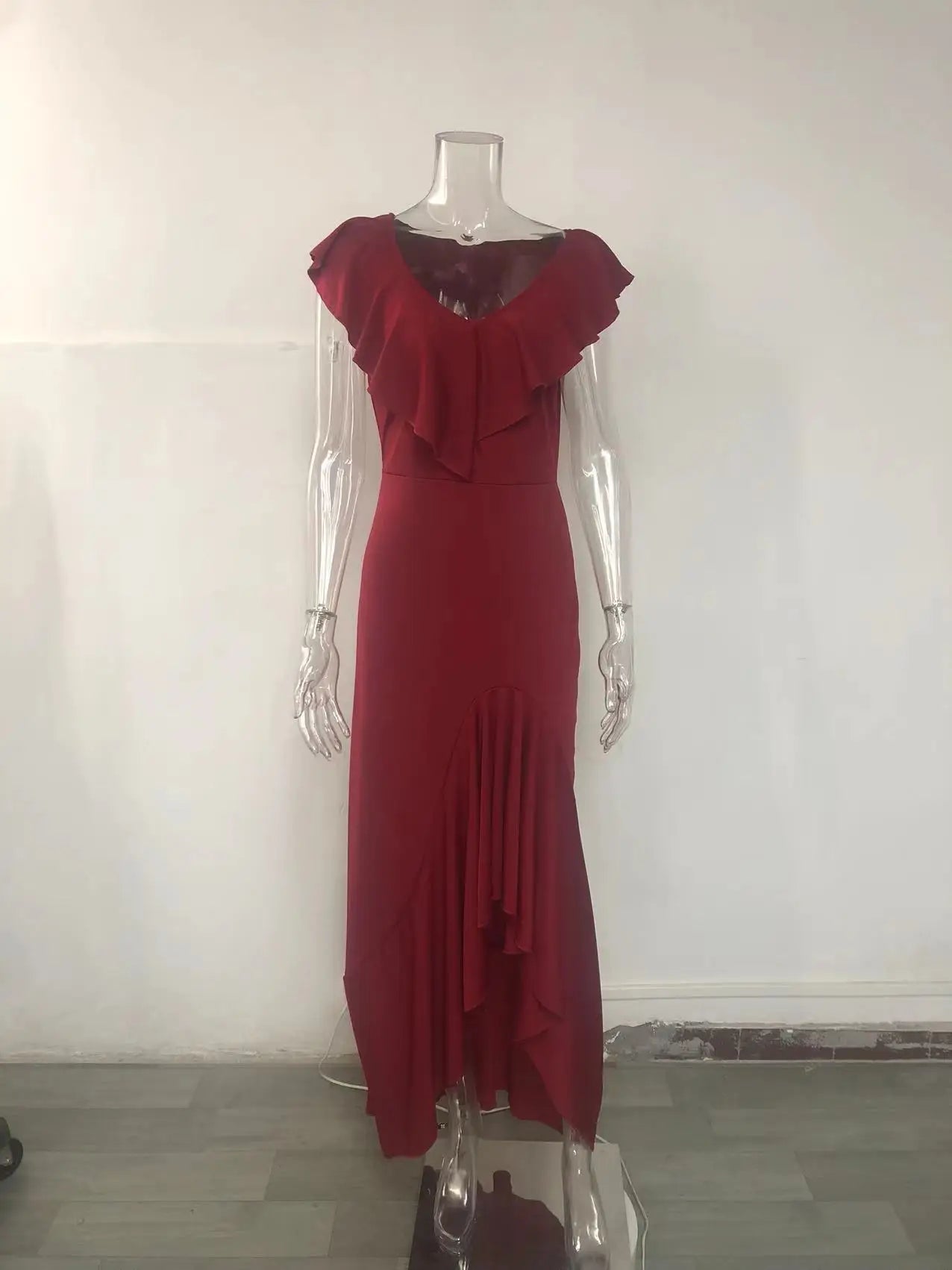 Fashion Evening Dresses Sexy V-Neck Elegant Party Irregular Solid Color Hem Ruffle Women Maxi Dress Short Sleeve Floor Length