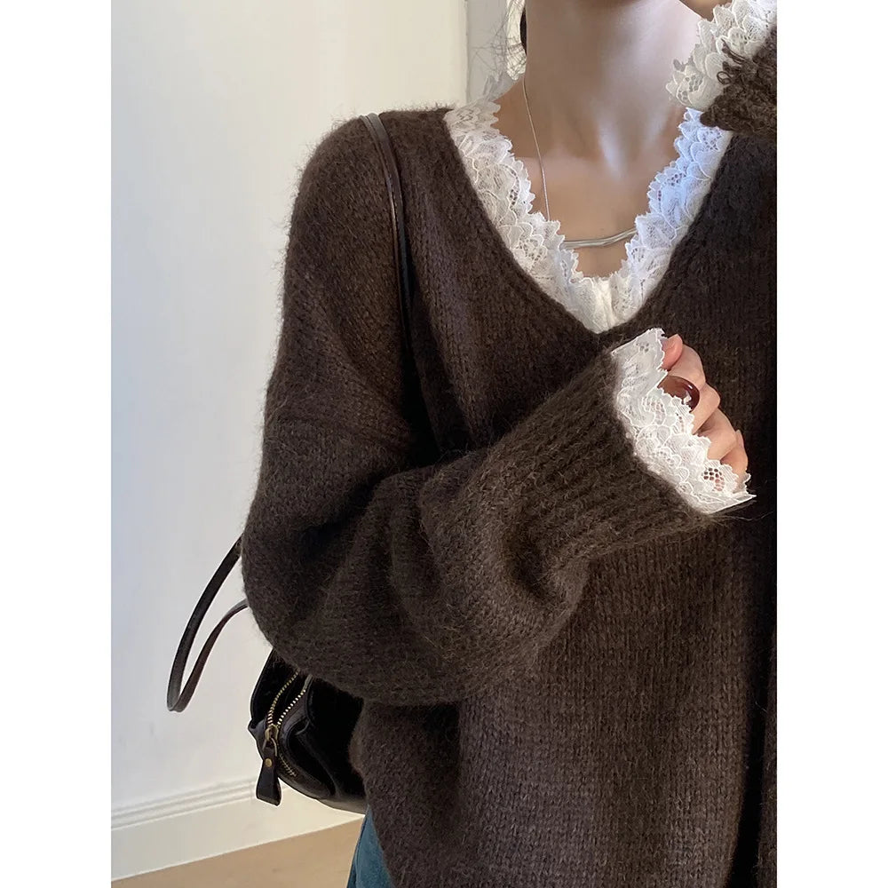 Aoaiiys Sweaters Women V Neck Lace Spliced Pullovers Vintage Chic Knitted Jumpers Autumn Winter New Comfortable Loose Sweaters