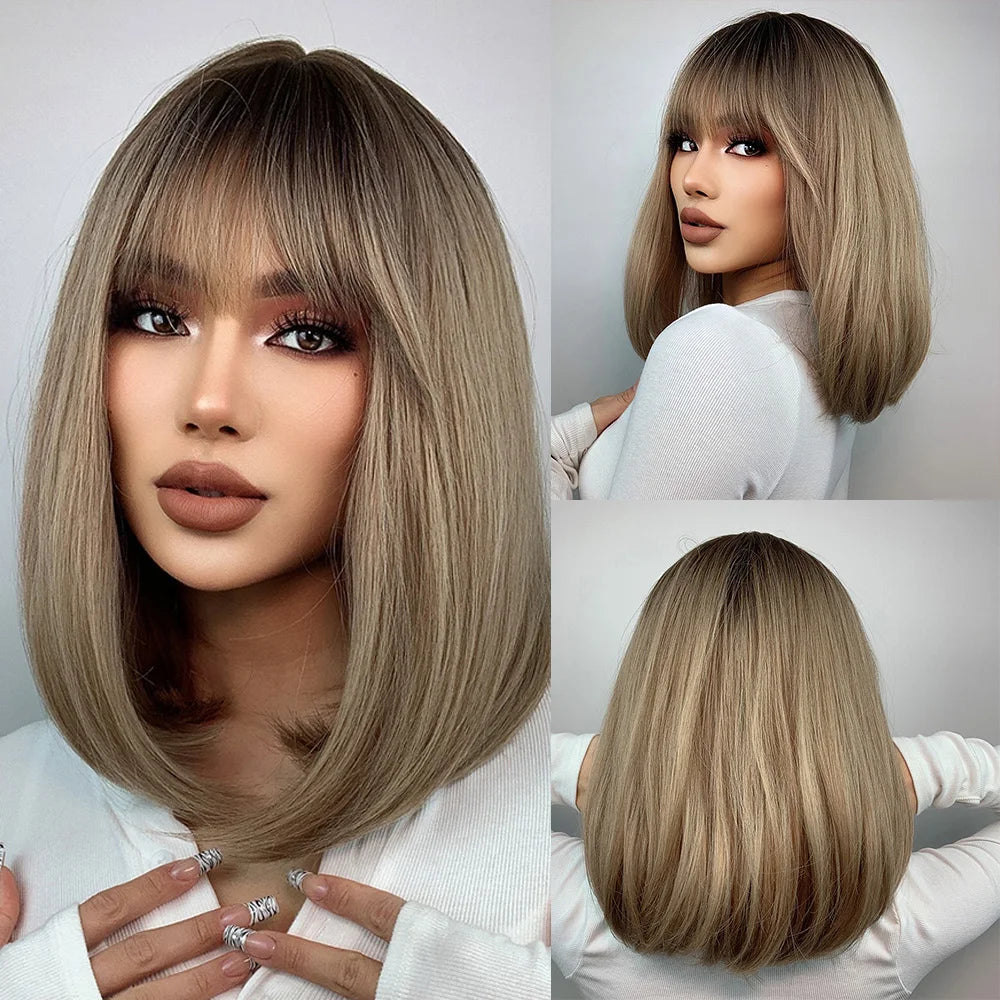 ALAN EATON Layered Synthetic Wigs with Bangs Straight Short Highlights Blonde Hair Wig with for Women Natural Daily Cosplay Wigs