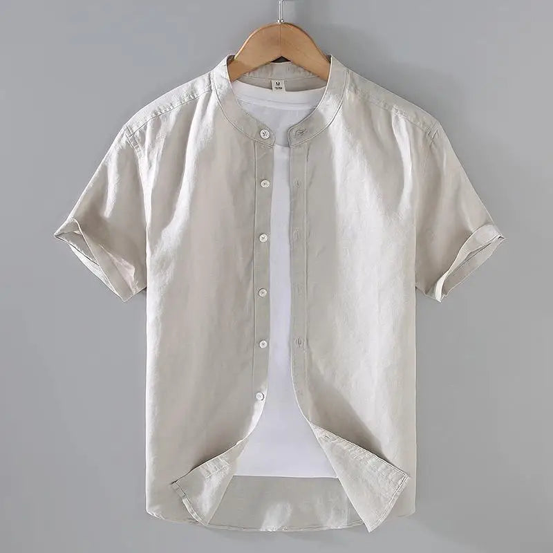 Men's Cotton Linen Short-Sleeved Shirt Summer Streetwear Plain Color Stand Collar Casual Beach Style plus Size M-3XL
