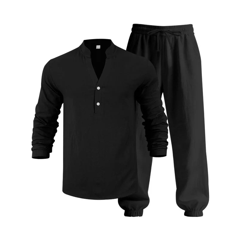 American loose linen set for men autumn Hawaiian home commuter thin Henry shirt long sleeve pants set