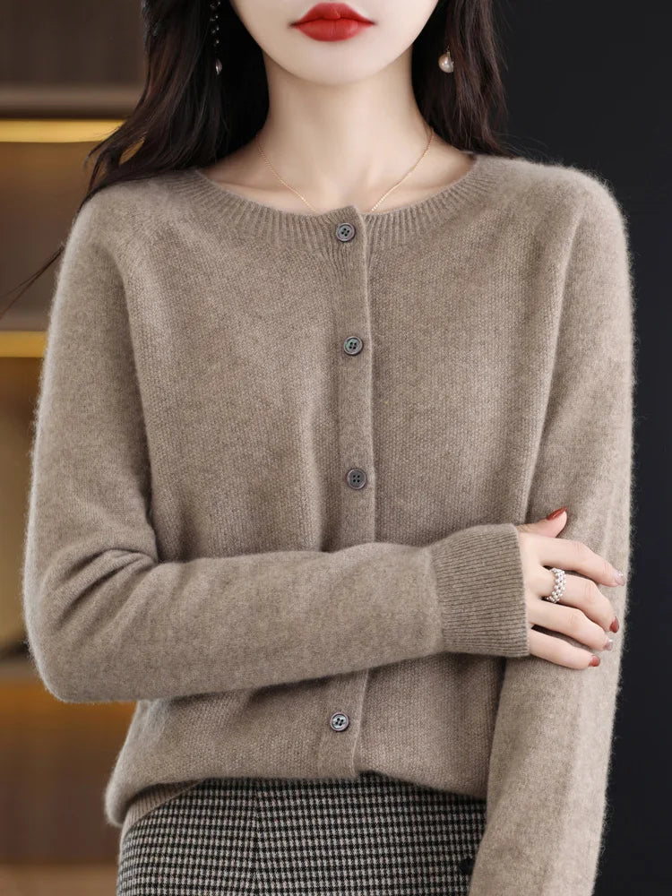 Long Sleeve 100% Merino Wool Sweaters Cashmere Cardigan Spring Autumn Women O-Neck Knitwear Tops Clothing Fashion Basic Tops