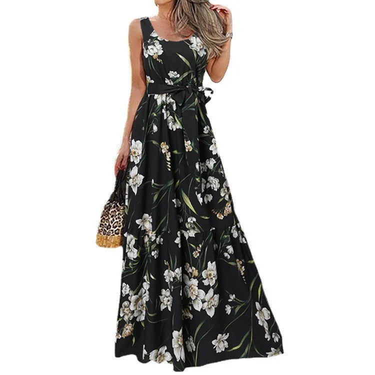 Summer Flower Print Sleeveless Long Dresses Women Elegant Casual Vacation Style Dress O Neck High Waist Leace-up Maxi Vestidos