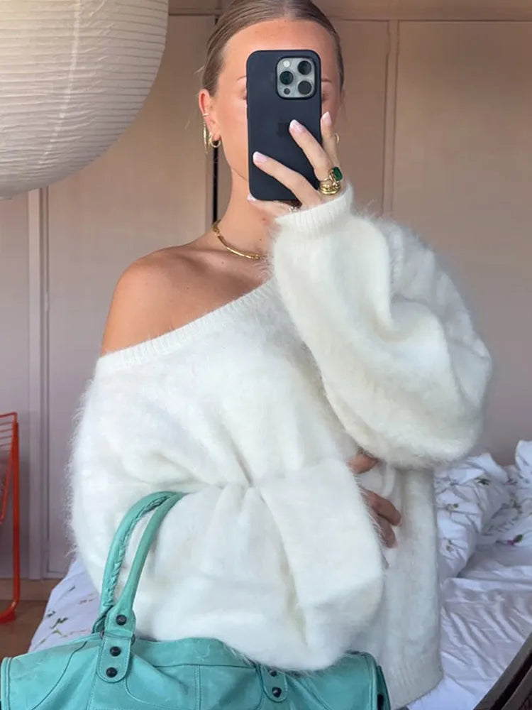 Women Solid Off Shoulder Pullover Fashion Classic Full Sleeve Loose Knitted Mohair Knitwear Lady High Street Autumn Sweaters