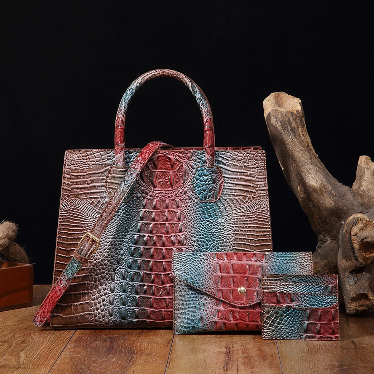 3 Pcs Crocodile Pattern Handbag & Purses Set, Multi-functional Vintage Top Handle Crossbody Bag & Business Clutch Bag & Card Coi