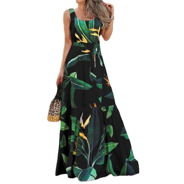 Summer Flower Print Sleeveless Long Dresses Women Elegant Casual Vacation Style Dress O Neck High Waist Leace-up Maxi Vestidos