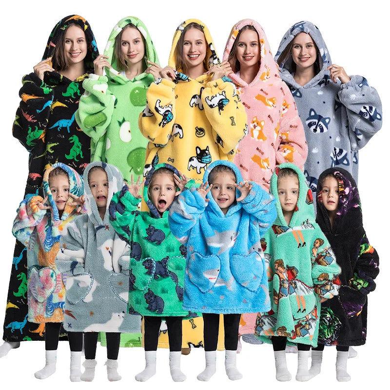 Super Long Oversized Winter Sherpa Blanket Plush Flannel Warm Family Matching Hoodie Christmas Homewear Avocado Women Sweatshirt
