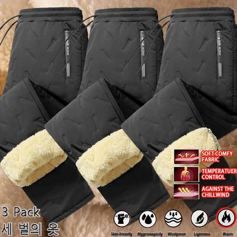 3 Pack Winter Men Plush Thick Fleece Waterproof Pants Windproof Casual Pants Warm Pants Lambswool Thermal Trousers Outerwear