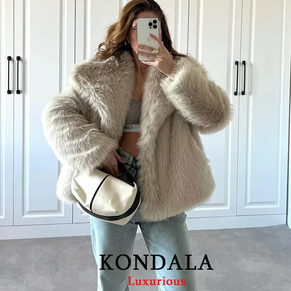 KONDALA Casual Brown Thick Fur Jackets Women Long Sleeve V Neck Autumn Winter Faux Fur Coats Fashion 2025 Streetwear Outwears