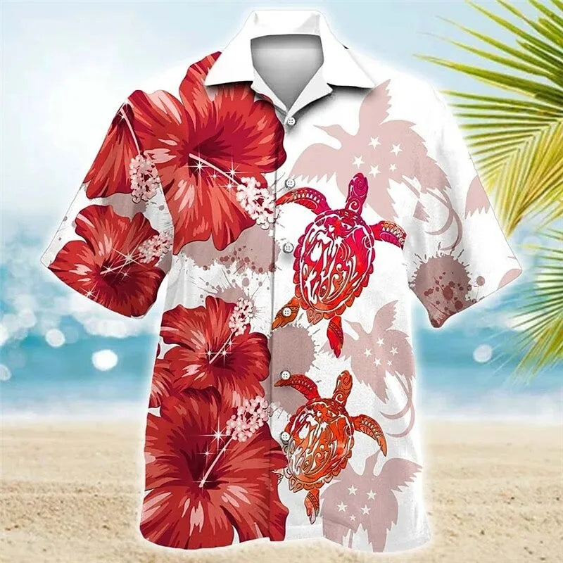 New men's street fashion short sleeved shirt top with 3D turtle print guitar pattern casual short sleeved shirt