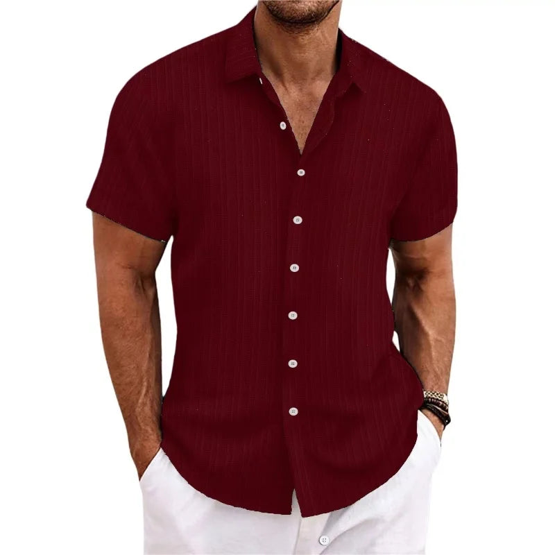 Simple And Versatile Summer New Men's Cotton And Linen Striped Jacquard Shirt Casual Comfortable Loose Short-Sleeved Shirt