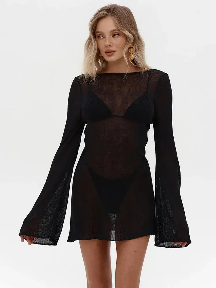 Summer Seaside Women's Solid Knit Mini Dress 2025 Sexy Backless Bell Sleeve See Through Short Dress Beach Swimsuit Cover Up K98