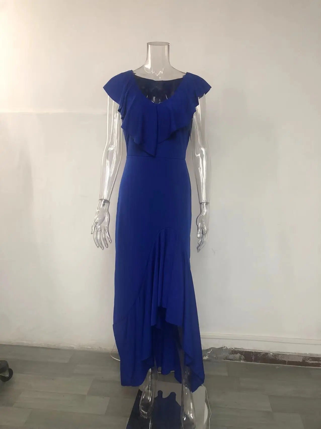 Fashion Evening Dresses Sexy V-Neck Elegant Party Irregular Solid Color Hem Ruffle Women Maxi Dress Short Sleeve Floor Length