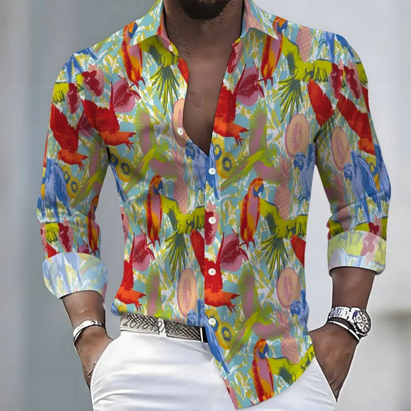 2026 New Hawaiian Style Coconut Tree Print Long-Sleeve Shirt, Stylish Print Men's Casual Vacation Loose Collar Hawaiian Shirt