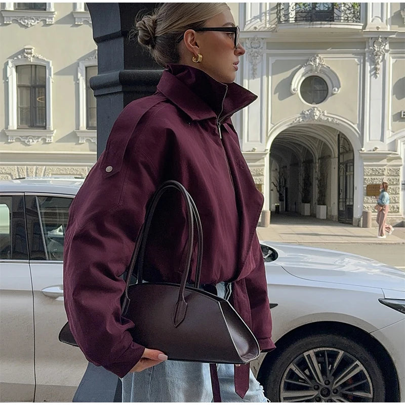 Fashion Wine Red Zipper Loose Overcoat Women Chic High Collar Long Sleeve Lace Up Elastic Waist Jacket Female Commute Daily Coat