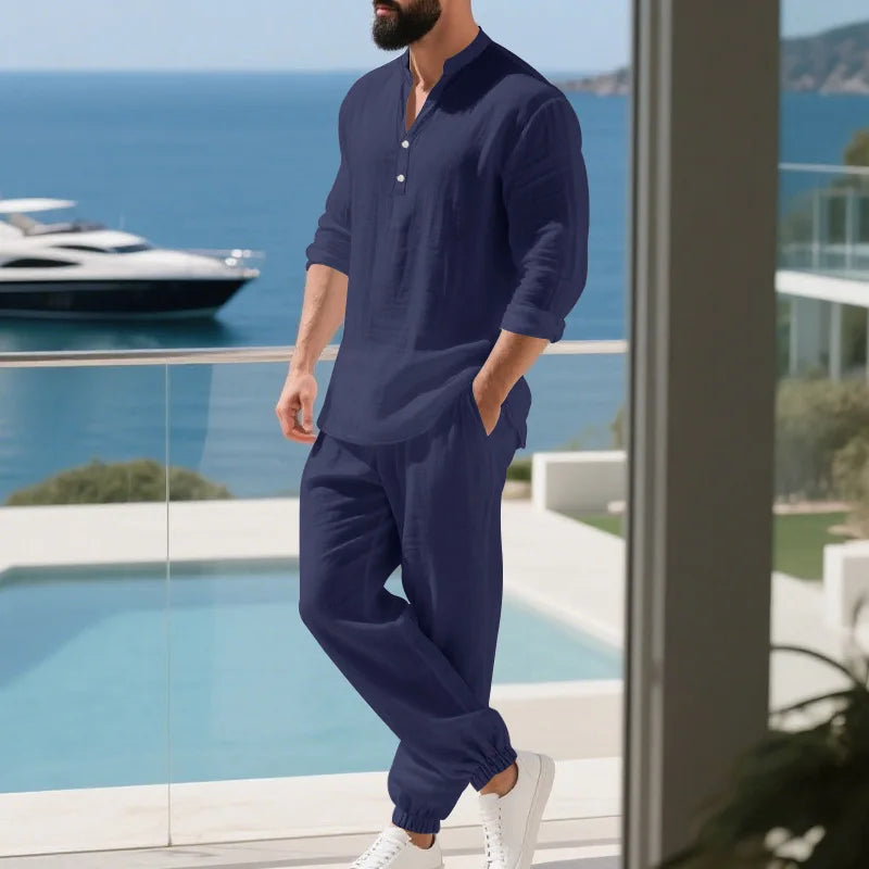 American loose linen set for men autumn Hawaiian home commuter thin Henry shirt long sleeve pants set