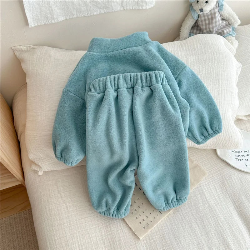 Kids Fleece Warm Set Winter Plus Velvet Outfits Long Sleeved Pullover Tops+Pants 2Pcs Autumn Children's Casual Clothing Suits