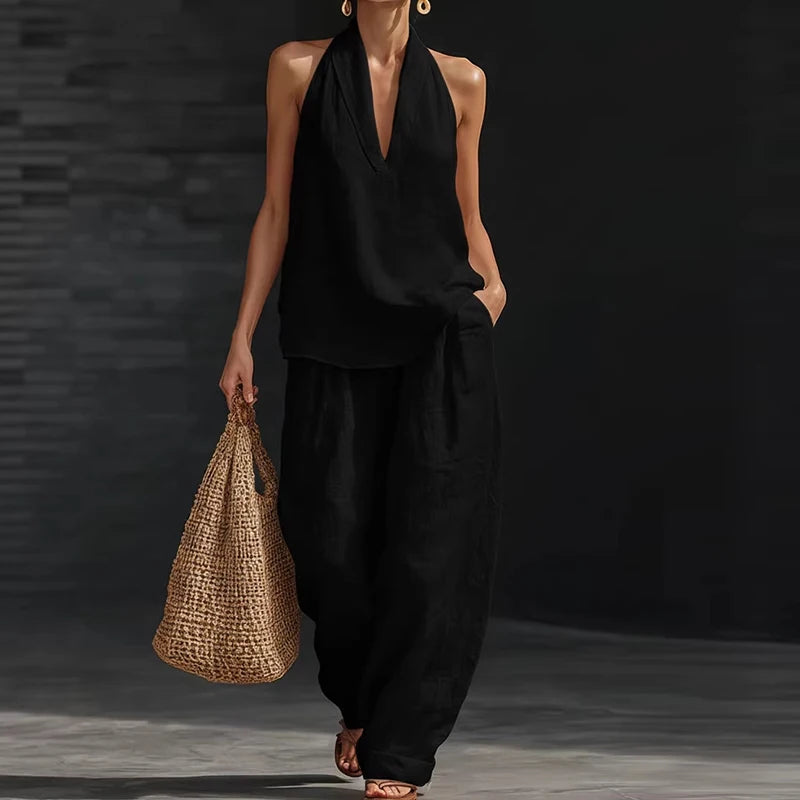Summer Women Sleeveless Shirt Halter Vest High Waist Pocket Loose Pants Suit Women Casual Two Piece Female Loungewear Ses