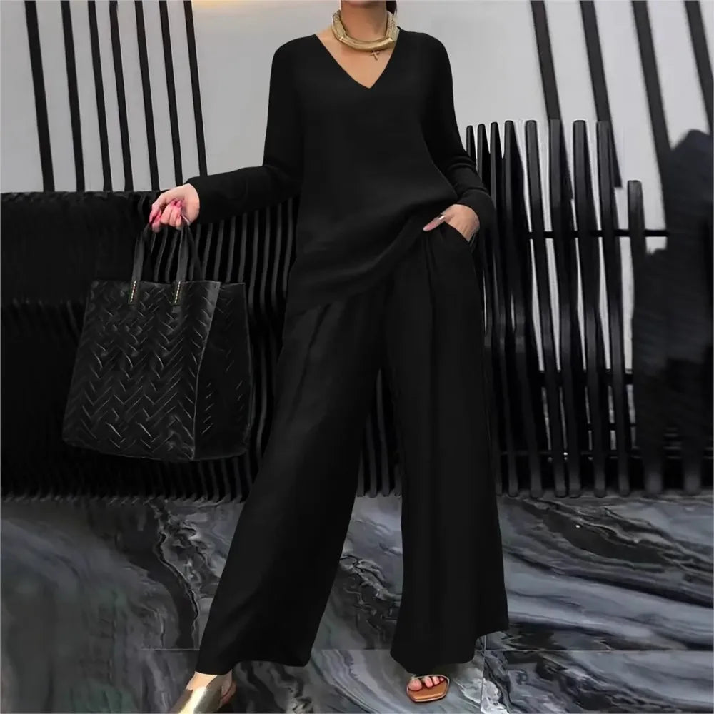 Solid Color Casual V-neck Trousers Women's 2piece Set Spring Autumn New Fashion Pocket Straight Trousers Female Office Suit 2025