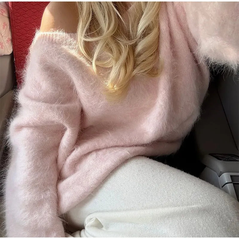 Women Solid Off Shoulder Pullover Fashion Classic Full Sleeve Loose Knitted Mohair Knitwear Lady High Street Autumn Sweaters