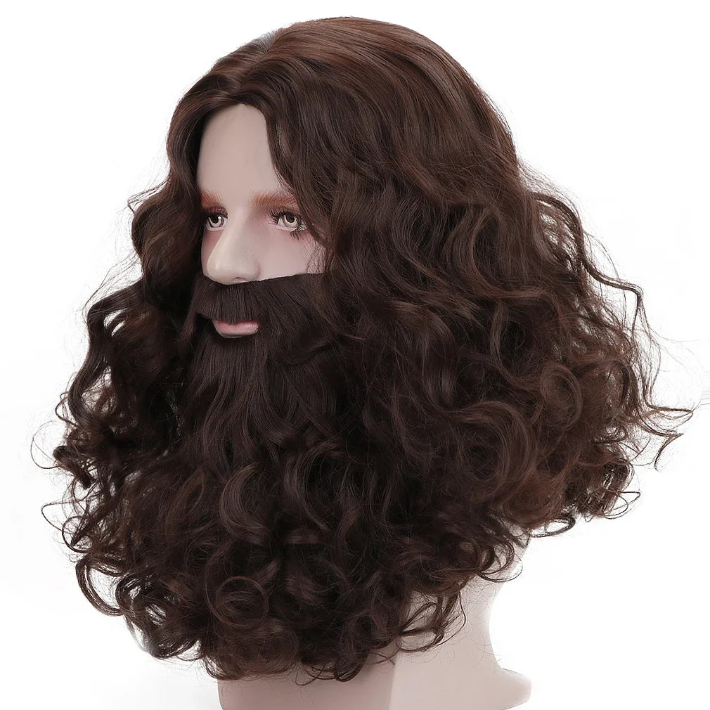 Man Hair Accessory  Brown Jesus Wig and Beard Set-Adult Curly  Heat Resist Cosplay Costume Party Halloween Christmas