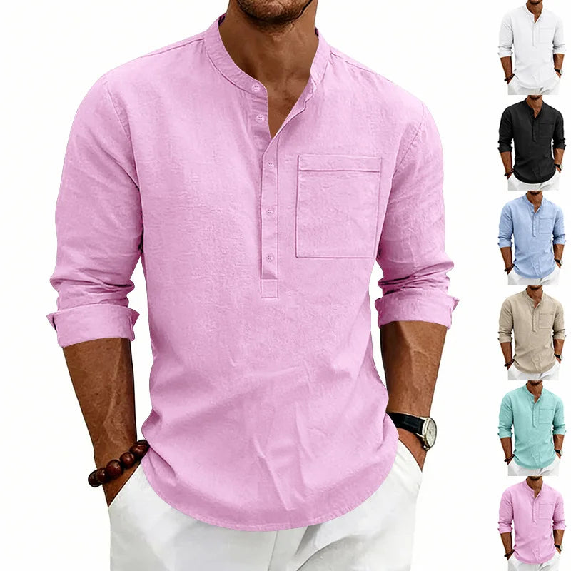 Summer Men's Linen Henry Long Sleeve T-Shirt  European and American Woven Solid Color Casual Polo Shirt