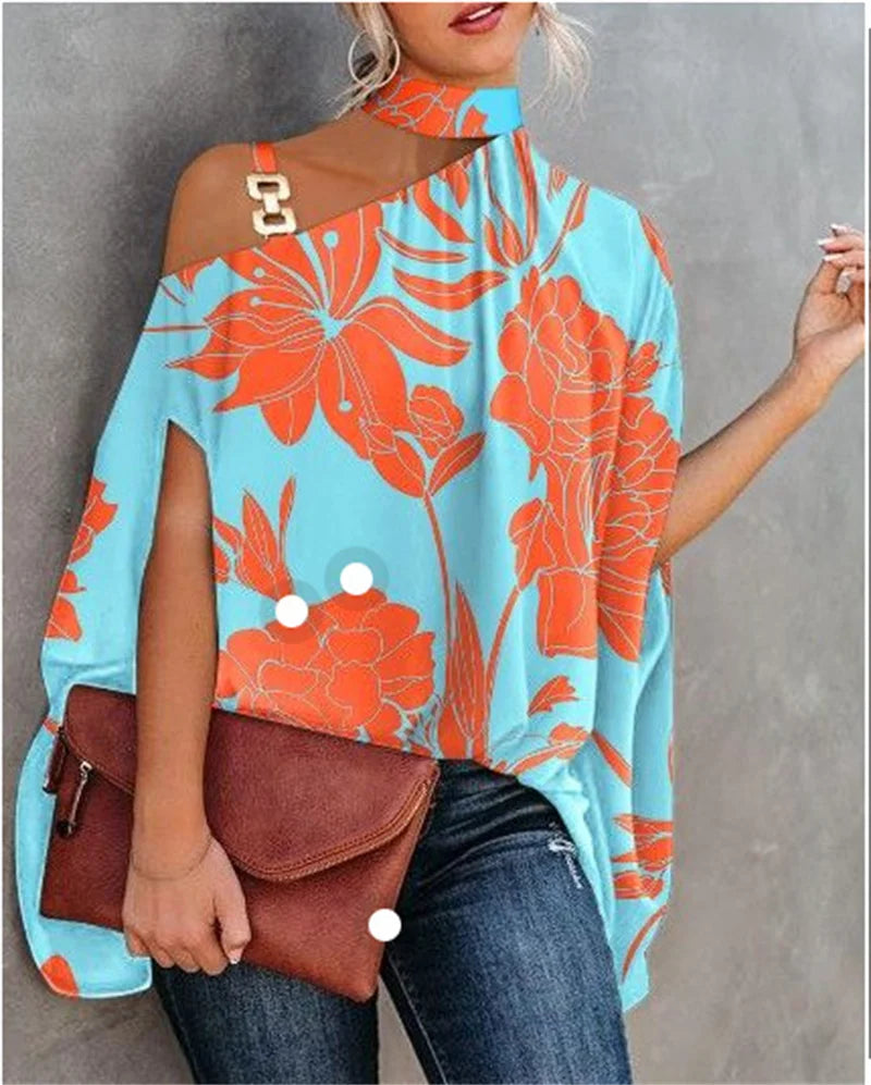 Loose Halter Neck Shawl Top Stylish Halter Neck Bat Sleeve Blouse for Women Loose Fit Pullover Tops with Skew Collar for Summer