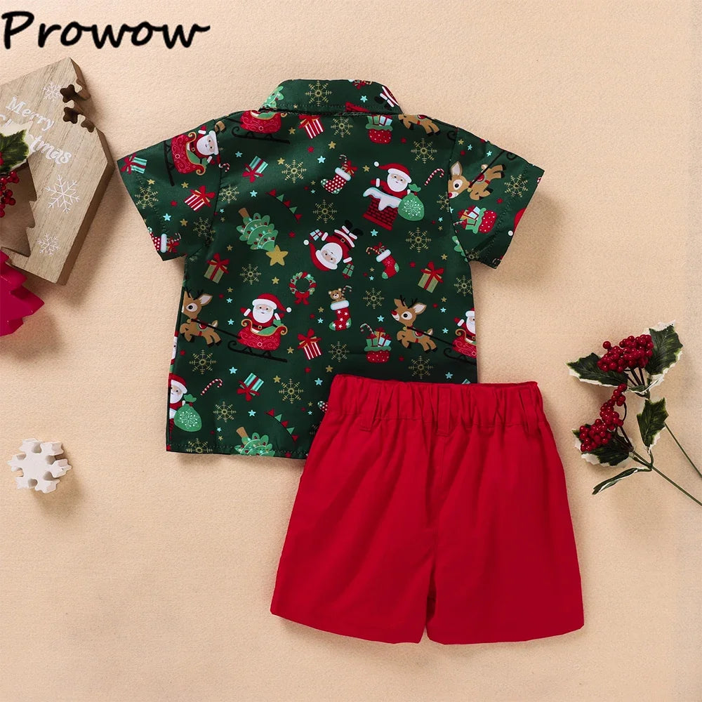 Boys Christmas Outfits For Kids Baby Festival Clothing Short/Long Sleeve Gentleman Shirts+Red Pants New Year Children's Costume