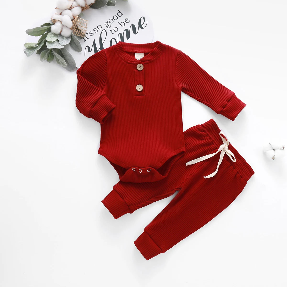 Newborn Baby Boys Girls Clothes Set Autumn Button Cotton Solid Ribbed Long Sleeve Jumpsuit+Pants 2Pcs Outfits Suit Pajamas Set