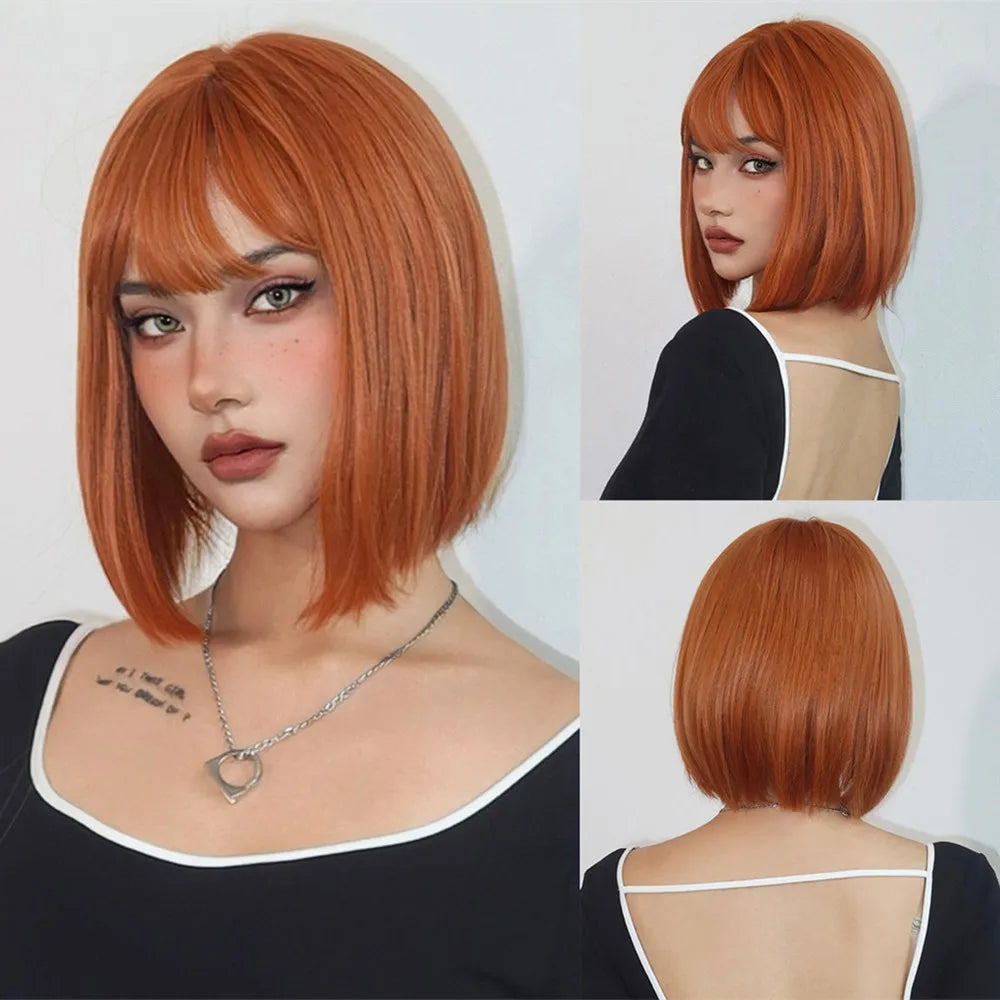ALAN EATON Layered Synthetic Wigs with Bangs Straight Short Highlights Blonde Hair Wig with for Women Natural Daily Cosplay Wigs