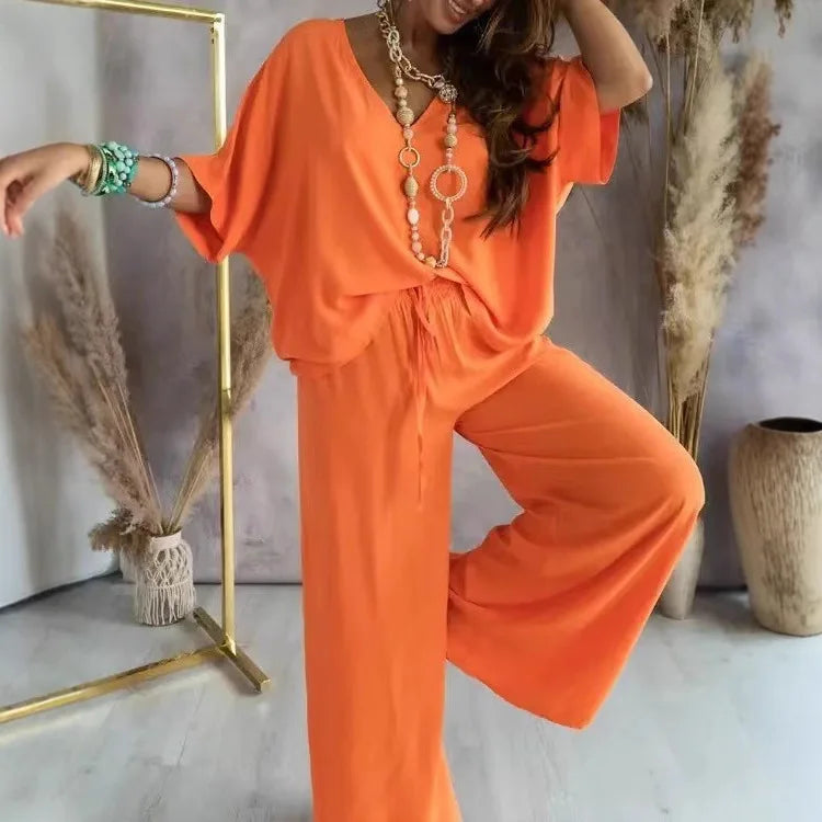 Loose Women Sets 2 pcs Sale V Neck Short Sleeve Blouse Shirts& High Waist Wide Leg Vacation Beachwear Pant Suits NMD-3032