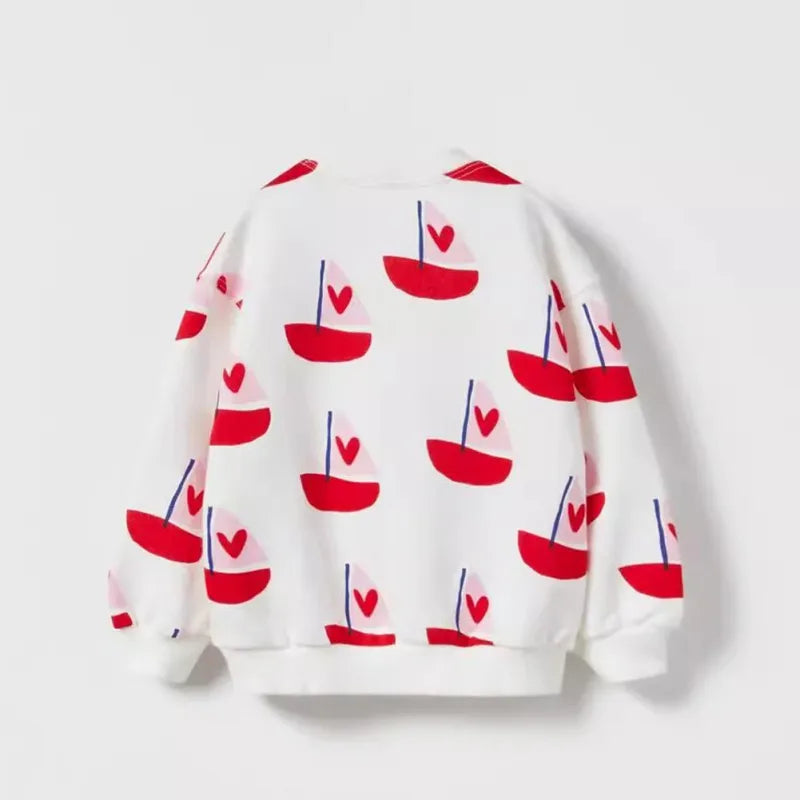 Kids Girl Sweatshirt Childish Flower Bow Print Round Neck Cotton Sweatshirts Autumn Winter Long Sleeve T-Shirt Children Clothes