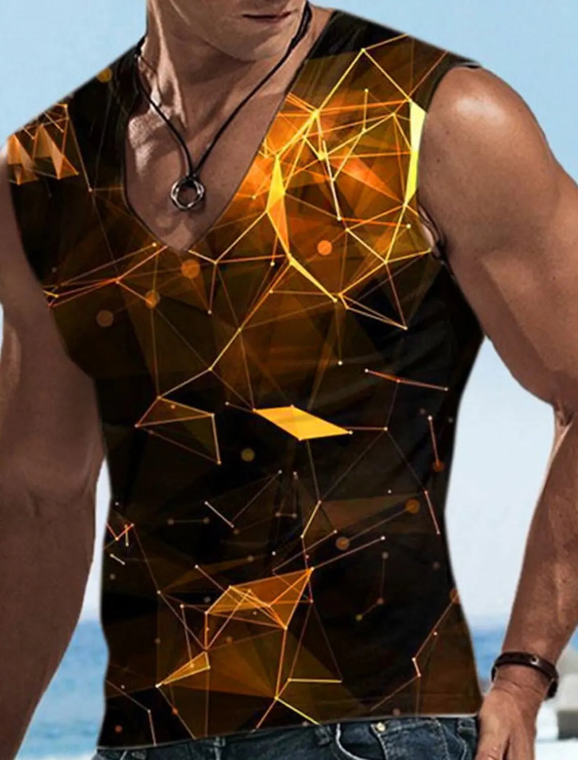 Men\'s Vest Sleeveless T Shirt Patterned Spliced Flame Shirt Casual Muscle V Neck Clothing 3D Printed Sports Running Fitness
