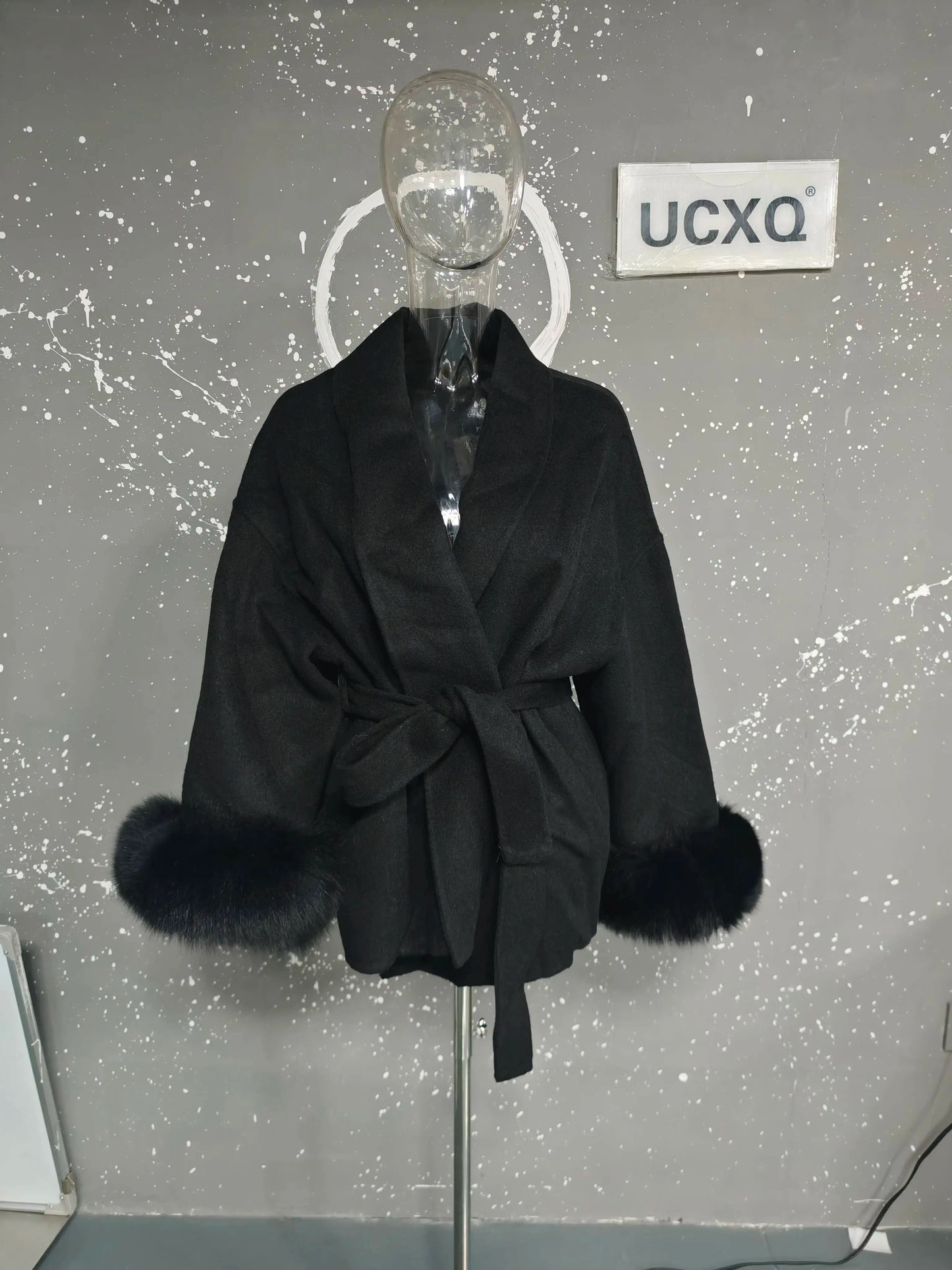 UCXQ Elegant OL Office Lady Overcoats Fur Patchwork Long Sleeve Woolen Coat Beautiful Women's Clothing Jacket Autumn 2025 Winter