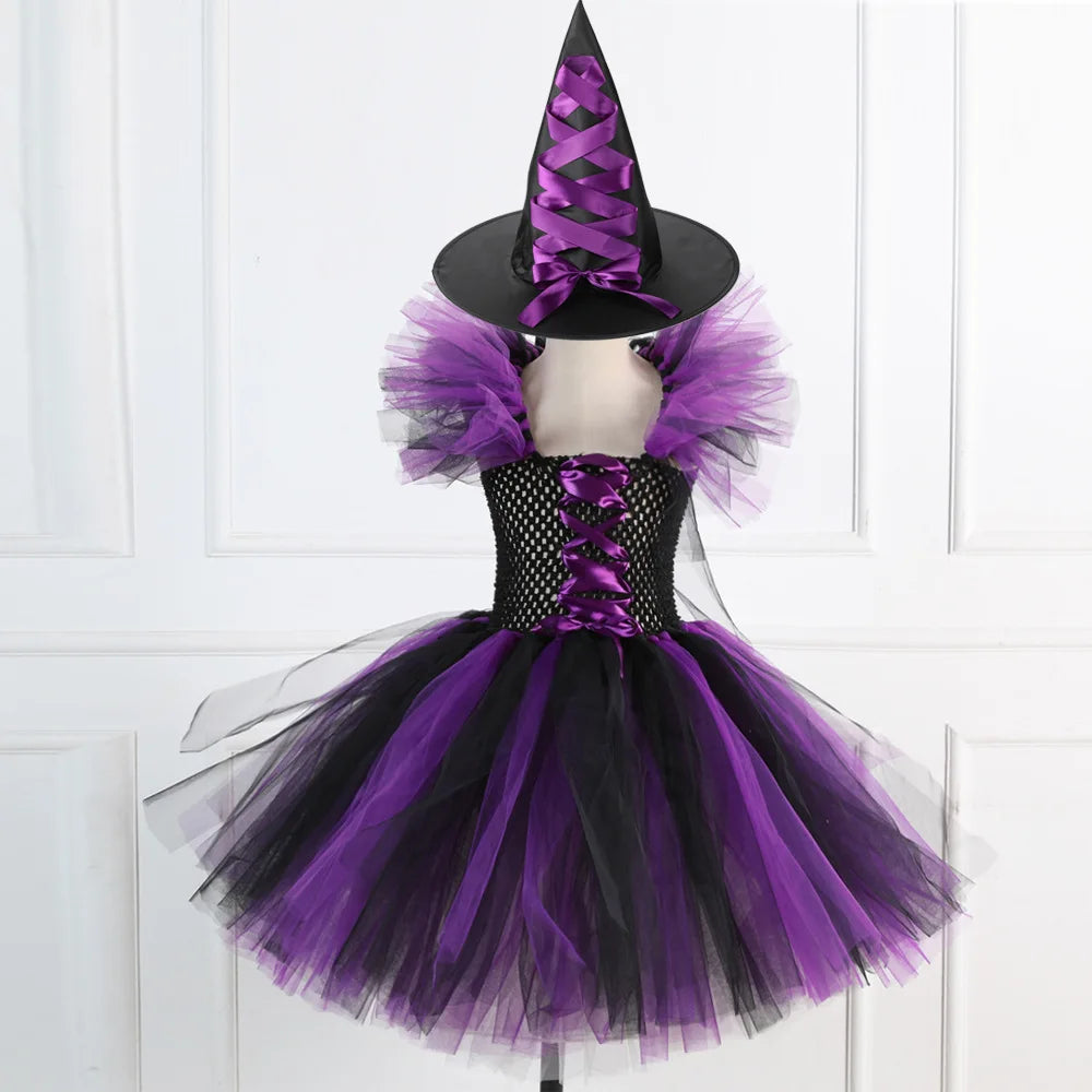 Halloween New Witch Dress Cosplay Costume Dress for Girl Carnival Party Dress Hat Broom Fancy Clothes Suit