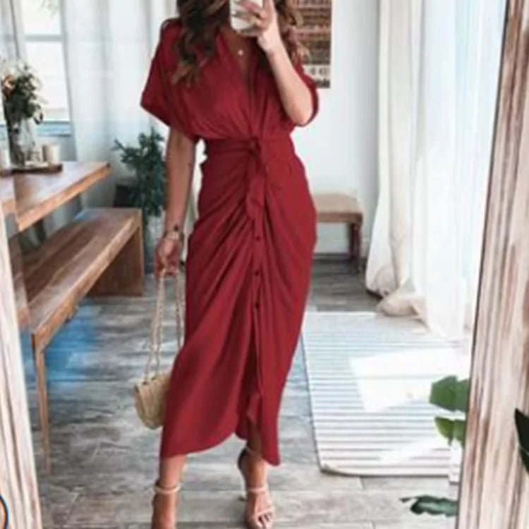 Sexy Irregular Long Dress For Women Fashion V-neck Lace-up Wrinkled Buttoned Dress Elegant Short Sleeves Clothing Ropa De Mujer