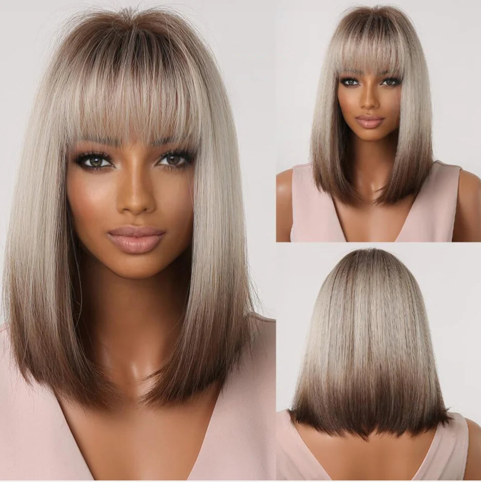 ALAN EATON Layered Synthetic Wigs with Bangs Straight Short Highlights Blonde Hair Wig with for Women Natural Daily Cosplay Wigs